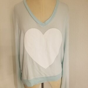 Wildfox Sz S Glitter Heart Sweatshirt Baby Blue White V Neck Womens